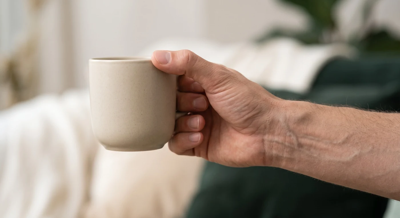 Hand holding a ceramic cup, showing the thumb and wrist